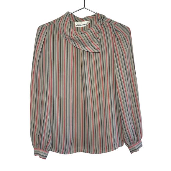 Vintage Lady Arrow Size 8 Made in Korea Striped Button High Collar Blouse - Picture 2 of 10